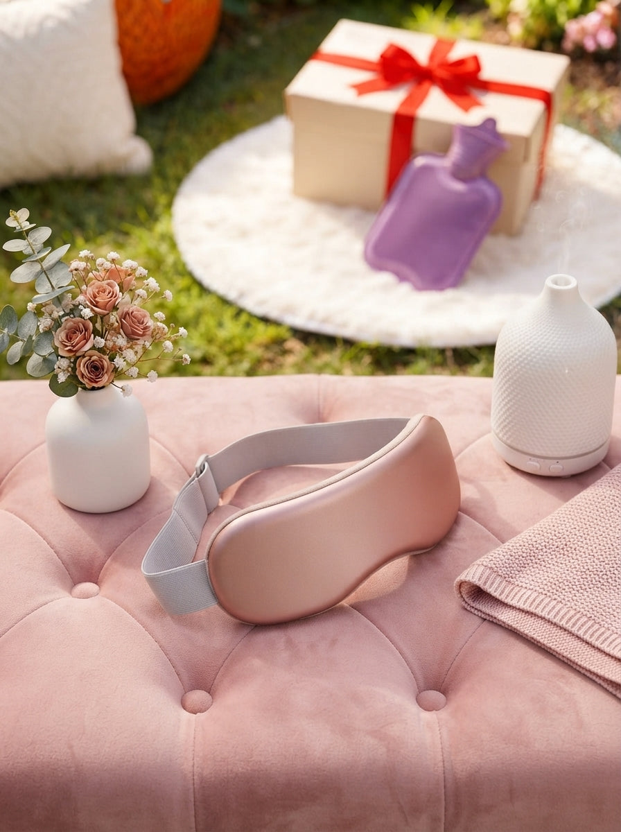 A wireless wearable heating pad resting on soft blush pink fabric with white ceramic accents and rose-colored flowers.